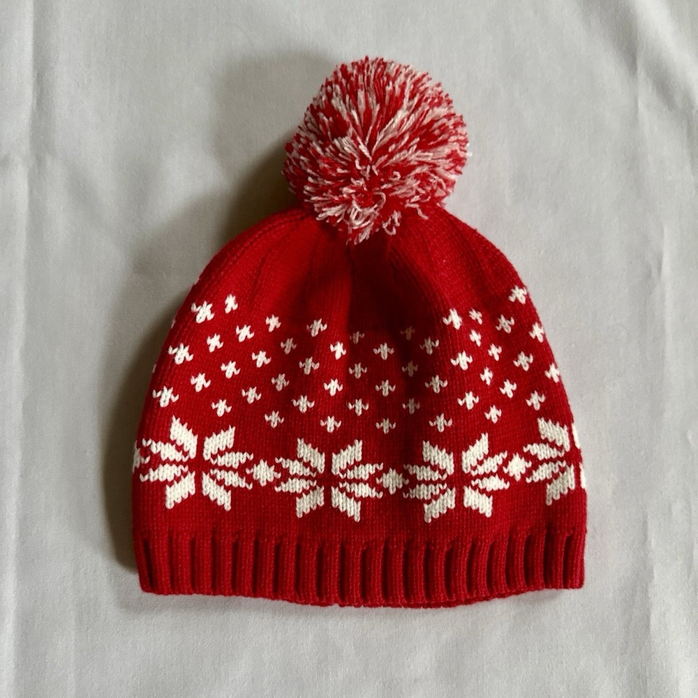 Hanna Andersson Sweaterknit Hat Pom Pom Red White Snowflake Size M Age 2-6  21cm